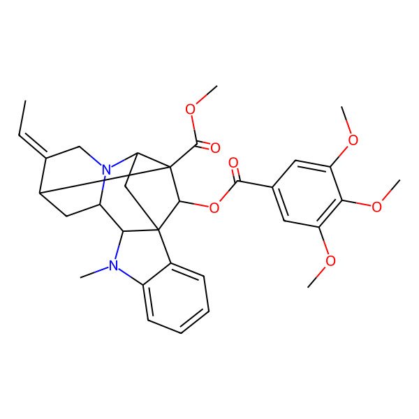 2D Structure of methyl (1R,9S,10S,12S,13Z,16S,17R,18S)-13-ethylidene-8-methyl-18-(3,4,5-trimethoxybenzoyl)oxy-8,15-diazahexacyclo[14.2.1.01,9.02,7.010,15.012,17]nonadeca-2,4,6-triene-17-carboxylate