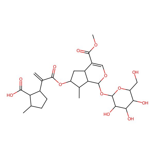 2D Structure of (1R,2R,5S)-2-[3-[[(1S,4aS,6S,7R,7aS)-4-methoxycarbonyl-7-methyl-1-[(2S,3R,4S,5S,6R)-3,4,5-trihydroxy-6-(hydroxymethyl)oxan-2-yl]oxy-1,4a,5,6,7,7a-hexahydrocyclopenta[c]pyran-6-yl]oxy]-3-oxoprop-1-en-2-yl]-5-methylcyclopentane-1-carboxylic acid
