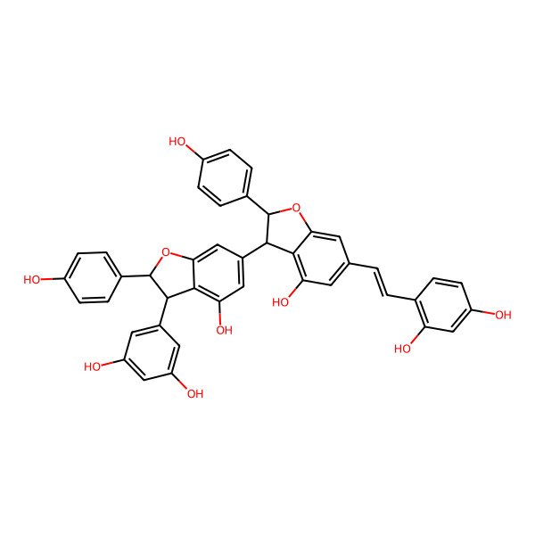 2D Structure of 4-[(E)-2-[(2S,3S)-3-[(2S,3R)-3-(3,5-dihydroxyphenyl)-4-hydroxy-2-(4-hydroxyphenyl)-2,3-dihydro-1-benzofuran-6-yl]-4-hydroxy-2-(4-hydroxyphenyl)-2,3-dihydro-1-benzofuran-6-yl]ethenyl]benzene-1,3-diol