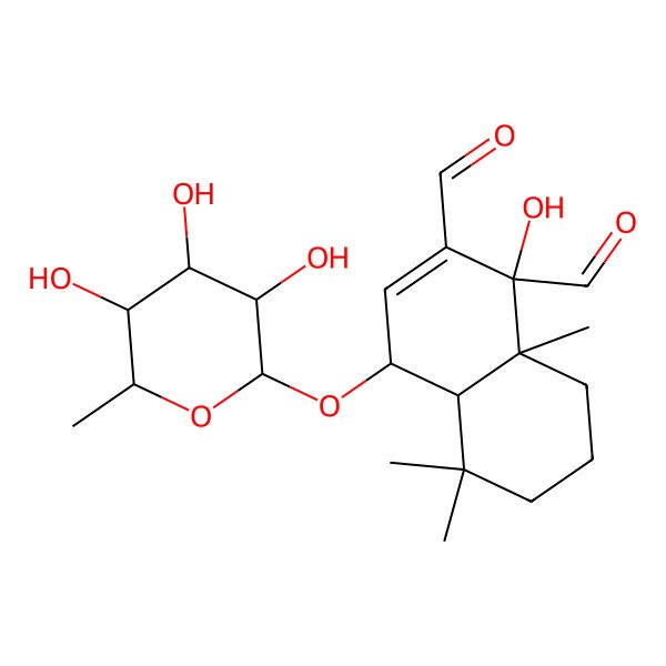 2D Structure of 1-hydroxy-5,5,8a-trimethyl-4-(3,4,5-trihydroxy-6-methyloxan-2-yl)oxy-4a,6,7,8-tetrahydro-4H-naphthalene-1,2-dicarbaldehyde 2D Structure of 1-hydroxy-5,5,8a-trimethyl-4-(3,4,5-trihydroxy-6-methyloxan-2-yl)oxy-4a,6,7,8-tetrahydro-4H-naphthalene-1,2-dicarbaldehyde