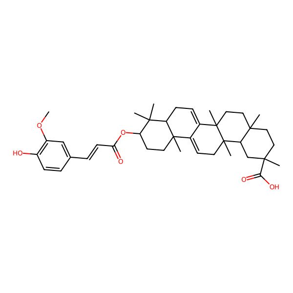 2D Structure of (2R,4aS,6aS,8aR,10R,12aS,14aS,14bR)-10-[(E)-3-(4-hydroxy-3-methoxyphenyl)prop-2-enoyl]oxy-2,4a,6a,9,9,12a,14a-heptamethyl-1,3,4,5,6,8,8a,10,11,12,14,14b-dodecahydropicene-2-carboxylic acid