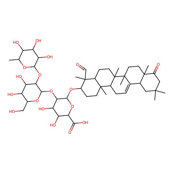 2D Structure of (2S,3S,4S,5R,6R)-6-[[(3S,4R,4aS,6aR,6bS,8aR,12aS,14aR,14bR)-4-formyl-4,6a,6b,8a,11,11,14b-heptamethyl-9-oxo-2,3,4a,5,6,7,8,10,12,12a,14,14a-dodecahydro-1H-picen-3-yl]oxy]-5-[(2S,3R,4S,5R,6R)-4,5-dihydroxy-6-(hydroxymethyl)-3-[(2S,3R,4R,5R,6S)-3,4,5-trihydroxy-6-methyloxan-2-yl]oxyoxan-2-yl]oxy-3,4-dihydroxyoxane-2-carboxylic acid