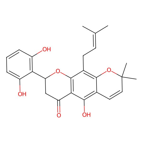 2D Structure of (8S)-8-(2,6-dihydroxyphenyl)-5-hydroxy-2,2-dimethyl-10-(3-methylbut-2-enyl)-7,8-dihydropyrano[3,2-g]chromen-6-one