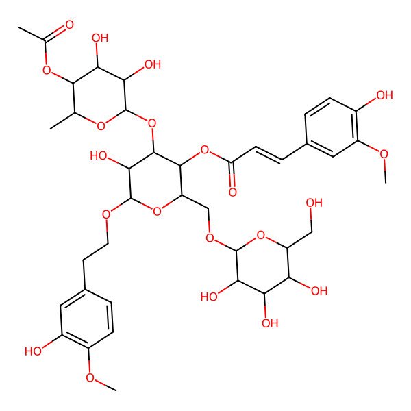 2D Structure of [4-(5-Acetyloxy-3,4-dihydroxy-6-methyloxan-2-yl)oxy-5-hydroxy-6-[2-(3-hydroxy-4-methoxyphenyl)ethoxy]-2-[[3,4,5-trihydroxy-6-(hydroxymethyl)oxan-2-yl]oxymethyl]oxan-3-yl] 3-(4-hydroxy-3-methoxyphenyl)prop-2-enoate