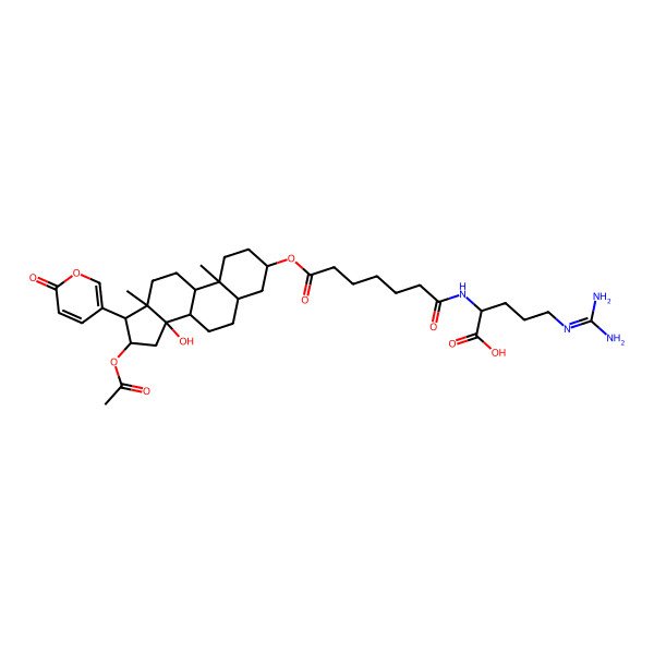 2D Structure of 2-[[7-[[16-Acetyloxy-14-hydroxy-10,13-dimethyl-17-(6-oxopyran-3-yl)-1,2,3,4,5,6,7,8,9,11,12,15,16,17-tetradecahydrocyclopenta[a]phenanthren-3-yl]oxy]-7-oxoheptanoyl]amino]-5-(diaminomethylideneamino)pentanoic acid