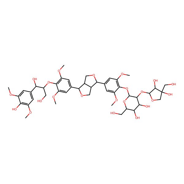 2D Structure of (2R,3S,4S,5R,6S)-6-[4-[(3R,3aS,6R,6aS)-6-[4-[1,3-dihydroxy-1-(4-hydroxy-3,5-dimethoxyphenyl)propan-2-yl]oxy-3,5-dimethoxyphenyl]-1,3,3a,4,6,6a-hexahydrofuro[3,4-c]furan-3-yl]-2,6-dimethoxyphenoxy]-5-[(2S,3R,4R)-3,4-dihydroxy-4-(hydroxymethyl)oxolan-2-yl]oxy-2-(hydroxymethyl)oxane-3,4-diol