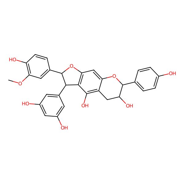 2D Structure of (2R,3R,6S,7R)-3-(3,5-dihydroxyphenyl)-2-(4-hydroxy-3-methoxyphenyl)-7-(4-hydroxyphenyl)-3,5,6,7-tetrahydro-2H-furo[3,2-g]chromene-4,6-diol