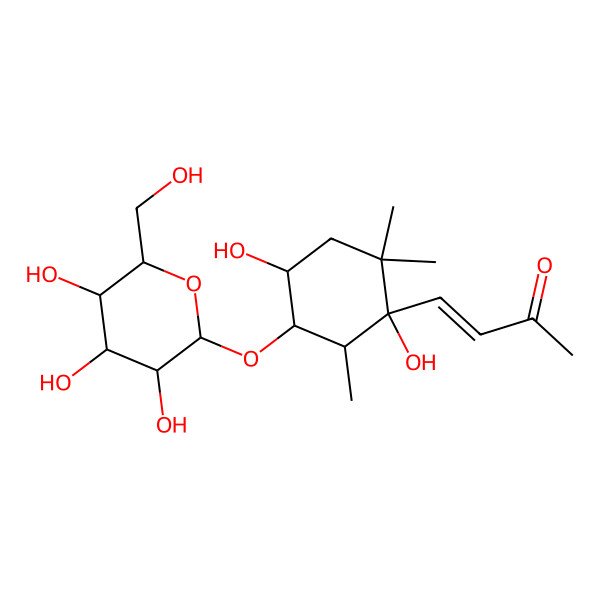 2D Structure of (E)-4-[(1R,4S,5S,6R)-1,4-dihydroxy-2,2,6-trimethyl-5-[(2R,3R,4S,5S,6R)-3,4,5-trihydroxy-6-(hydroxymethyl)oxan-2-yl]oxycyclohexyl]but-3-en-2-one
