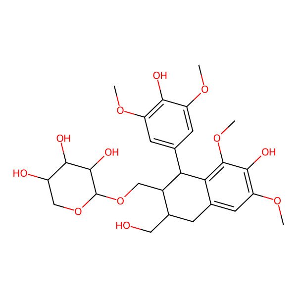 2D Structure of (2S,3R,4R,5S)-2-[[(1R,2S,3S)-7-hydroxy-1-(4-hydroxy-3,5-dimethoxyphenyl)-3-(hydroxymethyl)-6,8-dimethoxy-1,2,3,4-tetrahydronaphthalen-2-yl]methoxy]oxane-3,4,5-triol