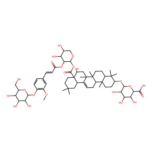 2D Structure of (2S,3S,4S,5R,6R)-6-[[(3S,4aR,6aR,6bS,8R,8aR,12aS,14aR,14bR)-8a-[(2S,3R,4S,5R)-4,5-dihydroxy-3-[(E)-3-[3-methoxy-4-[(2S,3R,4S,5S,6R)-3,4,5-trihydroxy-6-(hydroxymethyl)oxan-2-yl]oxyphenyl]prop-2-enoyl]oxyoxan-2-yl]oxycarbonyl-8-hydroxy-4,4,6a,6b,11,11,14b-heptamethyl-1,2,3,4a,5,6,7,8,9,10,12,12a,14,14a-tetradecahydropicen-3-yl]oxy]-3,4,5-trihydroxyoxane-2-carboxylic acid