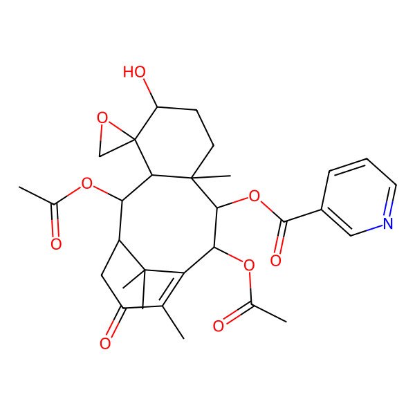 2D Structure of [(1'R,2R,2'R,3'R,5'S,8'R,9'R,10'R)-2',10'-diacetyloxy-5'-hydroxy-8',12',15',15'-tetramethyl-13'-oxospiro[oxirane-2,4'-tricyclo[9.3.1.03,8]pentadec-11-ene]-9'-yl] pyridine-3-carboxylate