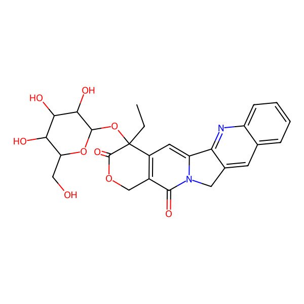 2D Structure of 19-Ethyl-19-[3,4,5-trihydroxy-6-(hydroxymethyl)oxan-2-yl]oxy-17-oxa-3,13-diazapentacyclo[11.8.0.02,11.04,9.015,20]henicosa-1(21),2,4,6,8,10,15(20)-heptaene-14,18-dione