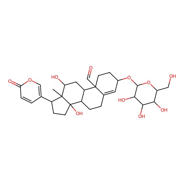 2D Structure of (3S,8R,9S,10S,12R,13S,14S,17R)-12,14-dihydroxy-13-methyl-17-(6-oxopyran-3-yl)-3-[(2R,3R,4S,5S,6R)-3,4,5-trihydroxy-6-(hydroxymethyl)oxan-2-yl]oxy-1,2,3,6,7,8,9,11,12,15,16,17-dodecahydrocyclopenta[a]phenanthrene-10-carbaldehyde