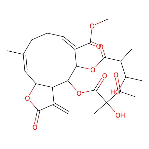 2D Structure of Methyl 5-(3-hydroxy-2-methylbutanoyl)oxy-4-(2-hydroxy-2-methyl-3-oxobutanoyl)oxy-10-methyl-3-methylidene-2-oxo-3a,4,5,8,9,11a-hexahydrocyclodeca[b]furan-6-carboxylate