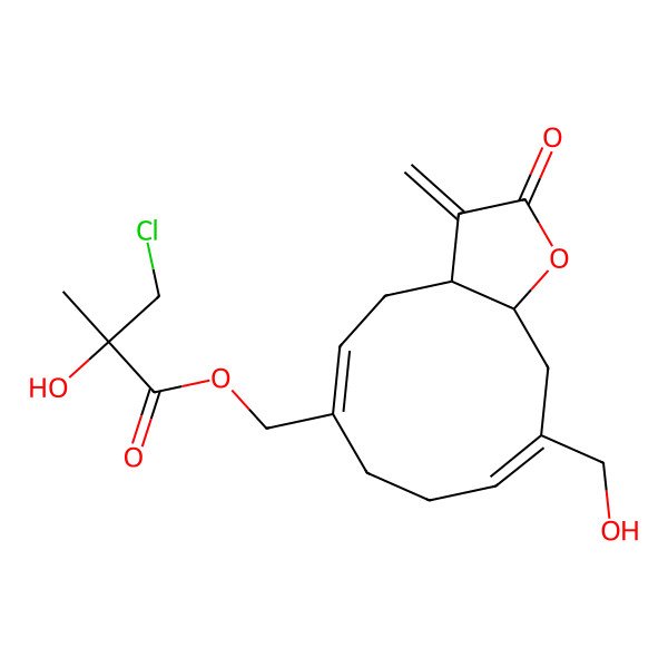2D Structure of [(3aR,11aS)-10-(hydroxymethyl)-3-methylidene-2-oxo-3a,4,7,8,11,11a-hexahydrocyclodeca[b]furan-6-yl]methyl (2R)-3-chloro-2-hydroxy-2-methylpropanoate