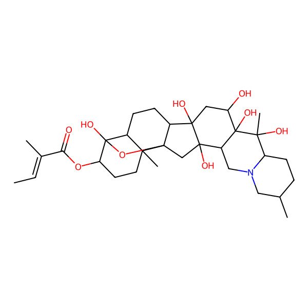 2D Structure of (1,10,11,12,14,23-Hexahydroxy-6,10,19-trimethyl-24-oxa-4-azaheptacyclo(12.12.0.02,11.04,9.015,25.018,23.019,25)hexacosan-22-yl) 2-methylbut-2-enoate