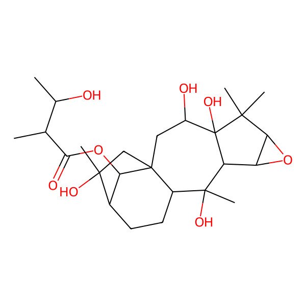 2D Structure of (3,4,10,15-Tetrahydroxy-5,5,10,15-tetramethyl-7-oxapentacyclo[12.2.1.01,11.04,9.06,8]heptadecan-17-yl) 3-hydroxy-2-methylbutanoate