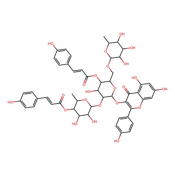 2D Structure of [(2S,3R,4S,5R,6S)-6-[(2S,3R,4S,5R,6R)-2-[5,7-dihydroxy-2-(4-hydroxyphenyl)-4-oxochromen-3-yl]oxy-4-hydroxy-5-[(E)-3-(4-hydroxyphenyl)prop-2-enoyl]oxy-6-[[(2R,3R,4R,5R,6S)-3,4,5-trihydroxy-6-methyloxan-2-yl]oxymethyl]oxan-3-yl]oxy-4,5-dihydroxy-2-methyloxan-3-yl] (E)-3-(4-hydroxyphenyl)prop-2-enoate
