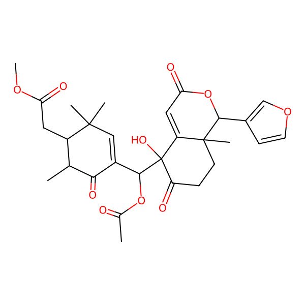 2D Structure of methyl 2-[(1R,6R)-4-[(R)-acetyloxy-[(1R,5R,8aR)-1-(furan-3-yl)-5-hydroxy-8a-methyl-3,6-dioxo-7,8-dihydro-1H-isochromen-5-yl]methyl]-2,2,6-trimethyl-5-oxocyclohex-3-en-1-yl]acetate