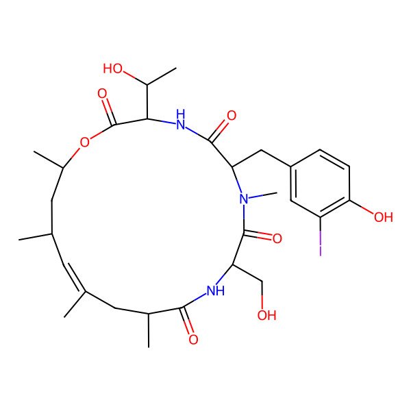 2D Structure of (3S,6R,9S,12S,14E,16R,18S)-3-[(1R)-1-hydroxyethyl]-6-[(4-hydroxy-3-iodophenyl)methyl]-9-(hydroxymethyl)-7,12,14,16,18-pentamethyl-1-oxa-4,7,10-triazacyclooctadec-14-ene-2,5,8,11-tetrone