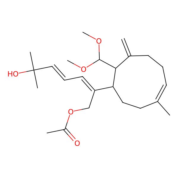 2D Structure of [(2E,4E)-2-[(1S,4E,9R)-9-(dimethoxymethyl)-4-methyl-8-methylidenecyclonon-4-en-1-yl]-6-hydroxy-6-methylhepta-2,4-dienyl] acetate