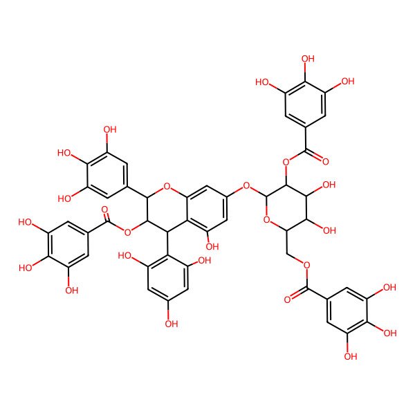 2D Structure of [(2R,3S,4S,5R,6S)-3,4-dihydroxy-6-[[(2R,3S,4R)-5-hydroxy-3-(3,4,5-trihydroxybenzoyl)oxy-4-(2,4,6-trihydroxyphenyl)-2-(3,4,5-trihydroxyphenyl)-3,4-dihydro-2H-chromen-7-yl]oxy]-5-(3,4,5-trihydroxybenzoyl)oxyoxan-2-yl]methyl 3,4,5-trihydroxybenzoate