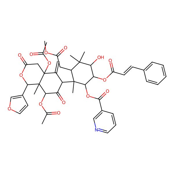 2D Structure of [2-[4a,8-diacetyloxy-1-(furan-3-yl)-8a-methyl-5-methylidene-3,7-dioxo-4,8-dihydro-1H-isochromen-6-yl]-5-hydroxy-3-(2-methoxy-2-oxoethyl)-2,4,4-trimethyl-6-(3-phenylprop-2-enoyloxy)cyclohexyl] pyridine-3-carboxylate