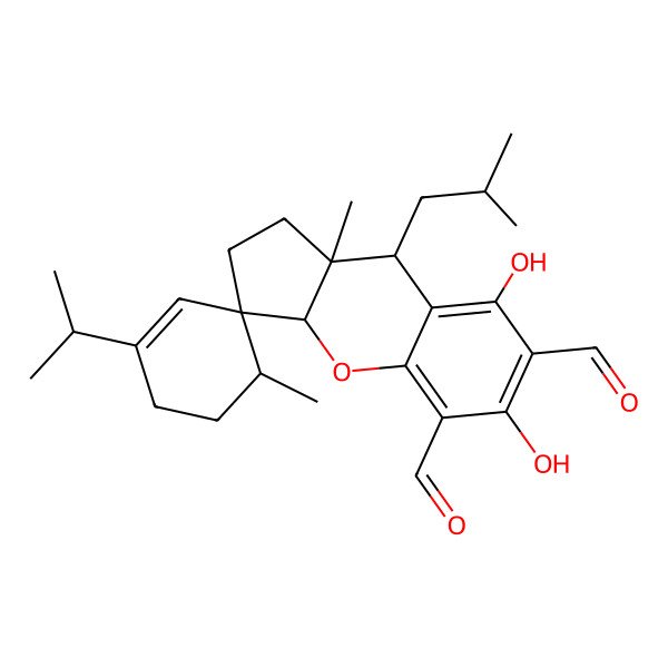 2D Structure of (3R,3aR,4'R,9R,9aS)-6,8-dihydroxy-4',9a-dimethyl-9-(2-methylpropyl)-1'-propan-2-ylspiro[1,2,3a,9-tetrahydrocyclopenta[b]chromene-3,3'-cyclohexene]-5,7-dicarbaldehyde