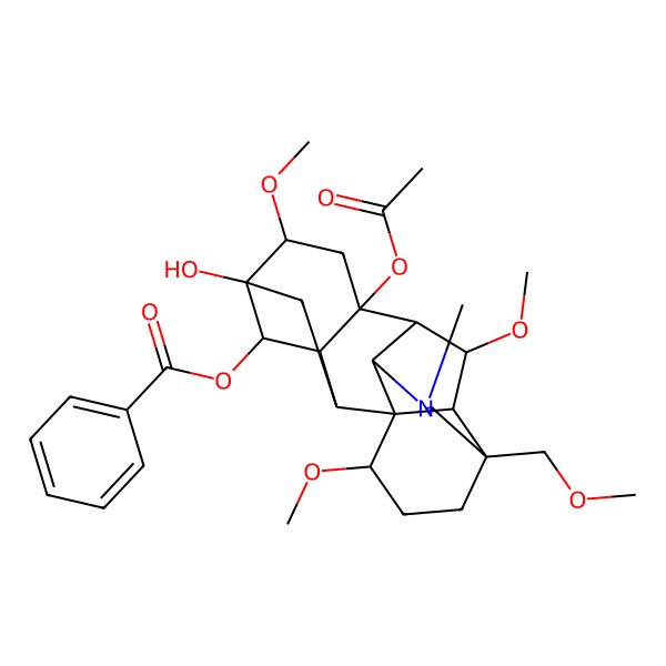 2D Structure of [(1S,2R,3R,4R,5S,6S,8S,9R,10R,13S,16S,17R,18S)-8-acetyloxy-5-hydroxy-6,16,18-trimethoxy-13-(methoxymethyl)-11-methyl-11-azahexacyclo[7.7.2.12,5.01,10.03,8.013,17]nonadecan-4-yl] benzoate