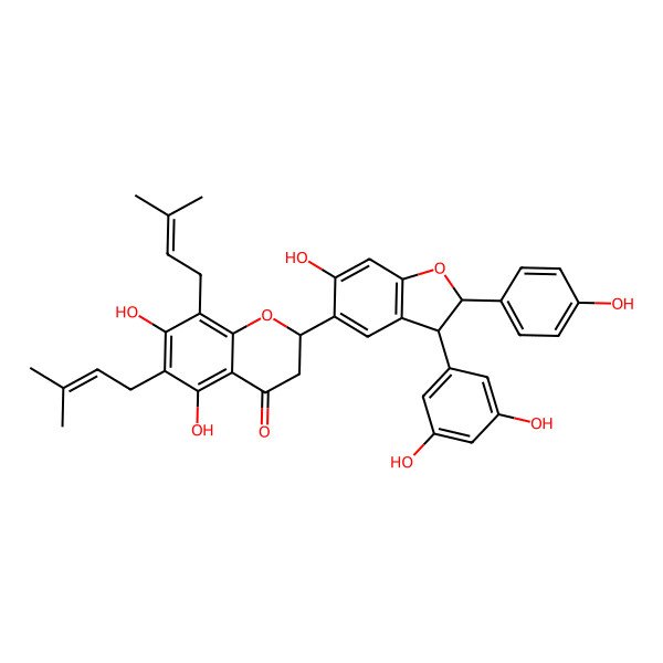 2D Structure of 2-[3-(3,5-Dihydroxyphenyl)-6-hydroxy-2-(4-hydroxyphenyl)-2,3-dihydro-1-benzofuran-5-yl]-5,7-dihydroxy-6,8-bis(3-methylbut-2-enyl)-2,3-dihydrochromen-4-one