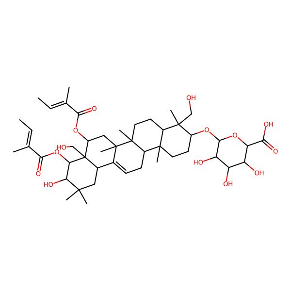 2D Structure of (2S,3S,4S,5R,6R)-6-[[(3S,4R,4aR,6aR,6bS,8S,8aR,9R,10R,12aS,14aR,14bR)-10-hydroxy-4,8a-bis(hydroxymethyl)-4,6a,6b,11,11,14b-hexamethyl-8,9-bis[[(E)-2-methylbut-2-enoyl]oxy]-1,2,3,4a,5,6,7,8,9,10,12,12a,14,14a-tetradecahydropicen-3-yl]oxy]-3,4,5-trihydroxyoxane-2-carboxylic acid