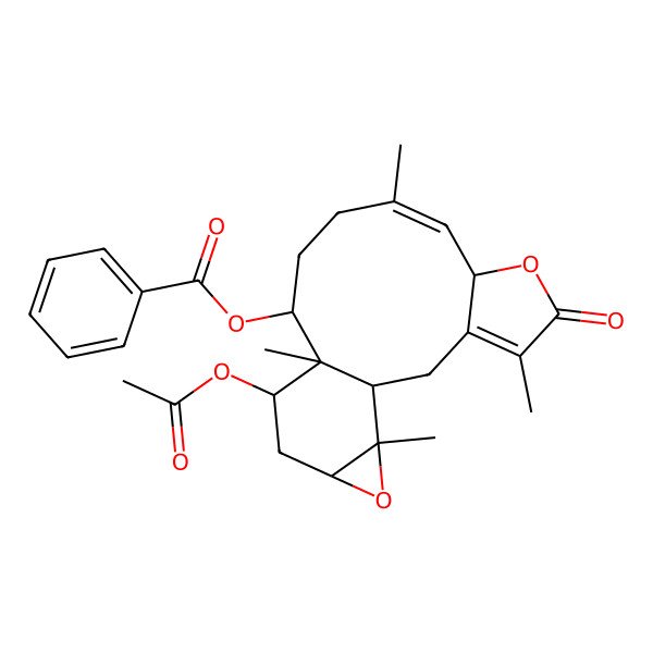 2D Structure of [(1R,7S,12S,13S,14S,16S,18R)-14-acetyloxy-4,9,13,18-tetramethyl-5-oxo-6,17-dioxatetracyclo[11.5.0.03,7.016,18]octadeca-3,8-dien-12-yl] benzoate