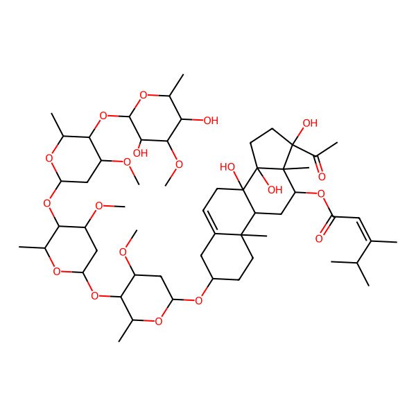 2D Structure of [(3S,8S,9R,10R,12R,13S,14R,17S)-17-acetyl-3-[(2R,4S,5R,6R)-5-[(2S,4S,5R,6R)-5-[(2S,4S,5R,6R)-5-[(2S,3R,4S,5R,6R)-3,5-dihydroxy-4-methoxy-6-methyloxan-2-yl]oxy-4-methoxy-6-methyloxan-2-yl]oxy-4-methoxy-6-methyloxan-2-yl]oxy-4-methoxy-6-methyloxan-2-yl]oxy-8,14,17-trihydroxy-10,13-dimethyl-1,2,3,4,7,9,11,12,15,16-decahydrocyclopenta[a]phenanthren-12-yl] (E)-3,4-dimethylpent-2-enoate