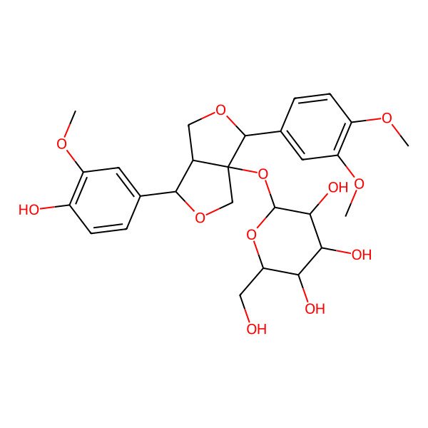 2D Structure of 2-[[3-(3,4-dimethoxyphenyl)-6-(4-hydroxy-3-methoxyphenyl)-3,4,6,6a-tetrahydro-1H-furo[3,4-c]furan-3a-yl]oxy]-6-(hydroxymethyl)oxane-3,4,5-triol