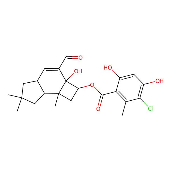 2D Structure of [(2R,2aS,7aS,7bR)-3-formyl-2a-hydroxy-6,6,7b-trimethyl-1,2,4a,5,7,7a-hexahydrocyclobuta[e]inden-2-yl] 3-chloro-4,6-dihydroxy-2-methylbenzoate