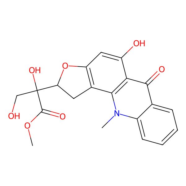2D Structure of methyl (2R)-2,3-dihydroxy-2-[(2R)-5-hydroxy-11-methyl-6-oxo-1,2-dihydrofuro[2,3-c]acridin-2-yl]propanoate