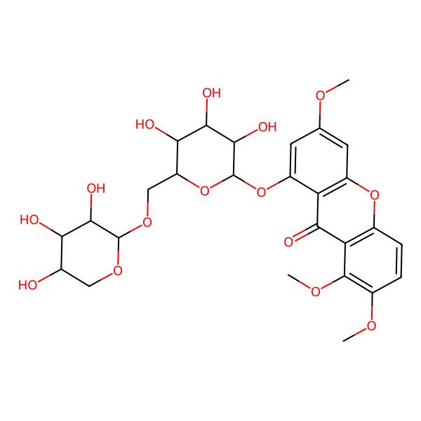 2D Structure of 1,2,6-trimethoxy-8-[(2S,3R,4S,5S,6R)-3,4,5-trihydroxy-6-[[(2S,3R,4S,5R)-3,4,5-trihydroxyoxan-2-yl]oxymethyl]oxan-2-yl]oxyxanthen-9-one