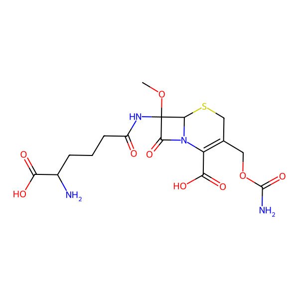 2D Structure of (7S)-7-[(5-amino-6-hydroxy-6-oxo-hexanoyl)amino]-3-(carbamoyloxymethyl)-7-methoxy-8-oxo-5-thia-1-azabicyclo[4.2.0]oct-2-ene-2-carboxylic acid