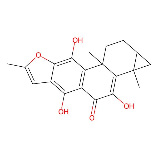 2D Structure of 9,12,18-Trihydroxy-2,7,15-trimethyl-16-oxapentacyclo[9.7.0.02,8.05,7.013,17]octadeca-1(11),8,12,14,17-pentaen-10-one