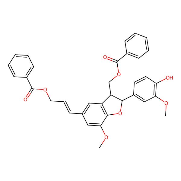 2D Structure of [(E)-3-[(2S,3R)-3-(benzoyloxymethyl)-2-(4-hydroxy-3-methoxyphenyl)-7-methoxy-2,3-dihydro-1-benzofuran-5-yl]prop-2-enyl] benzoate