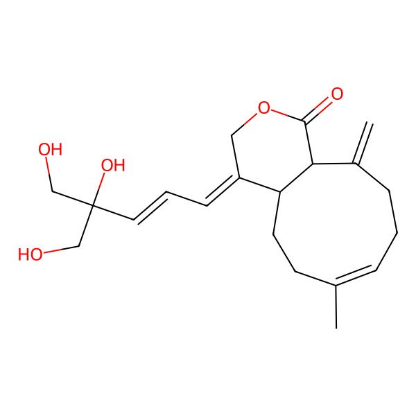 2D Structure of (4E,4aS,7E,11aR)-4-[(E)-4,5-dihydroxy-4-(hydroxymethyl)pent-2-enylidene]-7-methyl-11-methylidene-4a,5,6,9,10,11a-hexahydrocyclonona[c]pyran-1-one