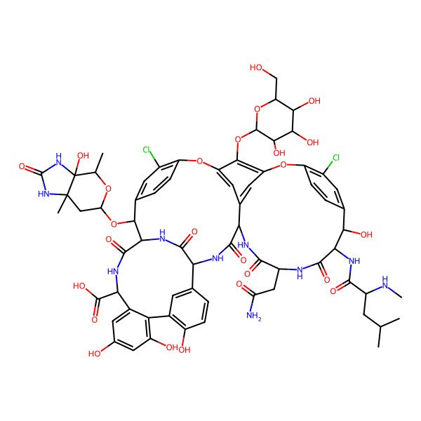 2D Structure of (1S,2R,18R,19R,22S,25R,28R,40S)-2-[[(3aR,4S,6R,7aS)-3a-hydroxy-4,7a-dimethyl-2-oxo-3,4,6,7-tetrahydro-1H-pyrano[3,4-d]imidazol-6-yl]oxy]-22-(2-amino-2-oxoethyl)-5,15-dichloro-18,32,35,37-tetrahydroxy-19-[[(2R)-4-methyl-2-(methylamino)pentanoyl]amino]-20,23,26,42,44-pentaoxo-48-[(2S,3R,4S,5S,6R)-3,4,5-trihydroxy-6-(hydroxymethyl)oxan-2-yl]oxy-7,13-dioxa-21,24,27,41,43-pentazaoctacyclo[26.14.2.23,6.214,17.18,12.129,33.010,25.034,39]pentaconta-3,5,8,10,12(48),14,16,29(45),30,32,34(39),35,37,46,49-pentadecaene-40-carboxylic acid