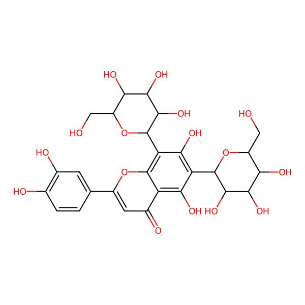 2D Structure of 2-(3,4-dihydroxyphenyl)-5,7-dihydroxy-6-[(2S,3R,4R,5S,6R)-3,4,5-trihydroxy-6-(hydroxymethyl)oxan-2-yl]-8-[(2R,3R,4R,5S,6R)-3,4,5-trihydroxy-6-(hydroxymethyl)oxan-2-yl]chromen-4-one