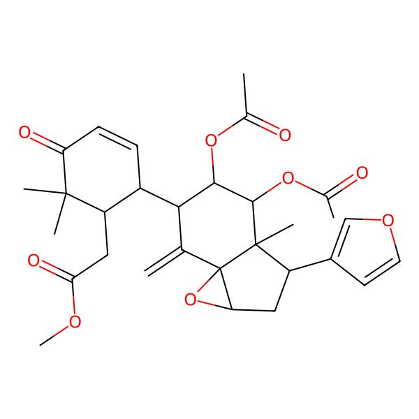 2D Structure of methyl 2-[(1R)-2-[(1aS,3S,3aR,4R,5S,6R)-4,5-diacetyloxy-3-(furan-3-yl)-3a-methyl-7-methylidene-1a,2,3,4,5,6-hexahydroindeno[1,7a-b]oxiren-6-yl]-6,6-dimethyl-5-oxocyclohex-3-en-1-yl]acetate