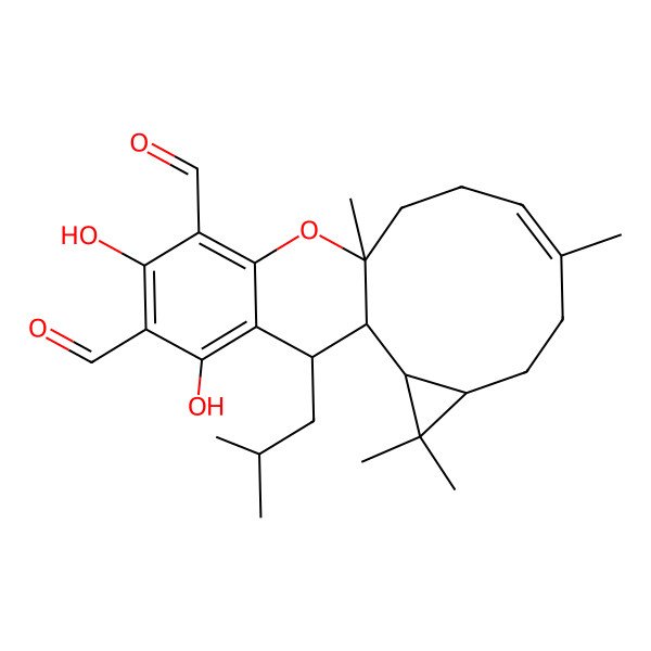 2D Structure of (1R,2S,4R,7E,11R,19S)-15,17-dihydroxy-3,3,7,11-tetramethyl-19-(2-methylpropyl)-12-oxatetracyclo[9.8.0.02,4.013,18]nonadeca-7,13,15,17-tetraene-14,16-dicarbaldehyde