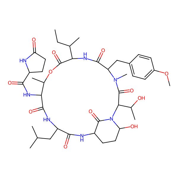 2D Structure of (2S)-N-[(2S,5S,8S,11R,12S,15S,18S,21R)-8-[(2S)-butan-2-yl]-21-hydroxy-2-[(1S)-1-hydroxyethyl]-5-[(4-methoxyphenyl)methyl]-4,11-dimethyl-15-(2-methylpropyl)-3,6,9,13,16,22-hexaoxo-10-oxa-1,4,7,14,17-pentazabicyclo[16.3.1]docosan-12-yl]-5-oxopyrrolidine-2-carboxamide