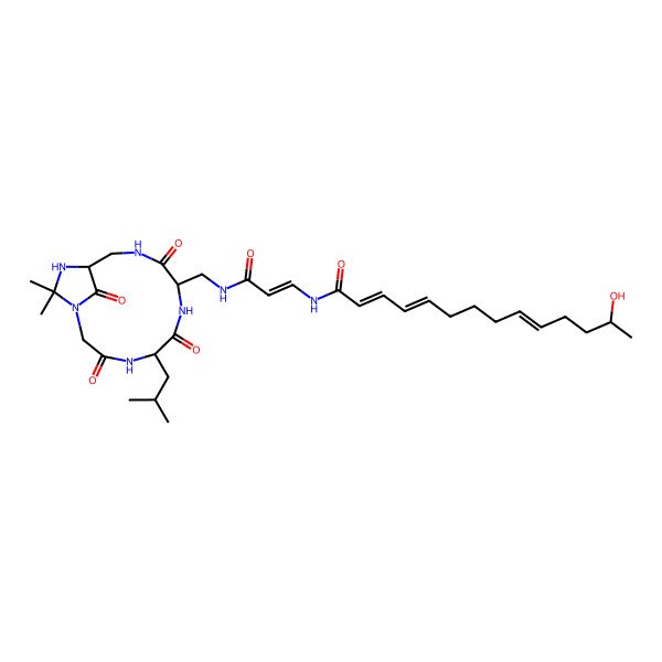 2D Structure of (2E,4E,9E,13R)-N-[(E)-3-[[(5S,8R,12S)-14,14-dimethyl-5-(2-methylpropyl)-3,6,9,15-tetraoxo-1,4,7,10,13-pentazabicyclo[10.2.1]pentadecan-8-yl]methylamino]-3-oxoprop-1-enyl]-13-hydroxytetradeca-2,4,9-trienamide