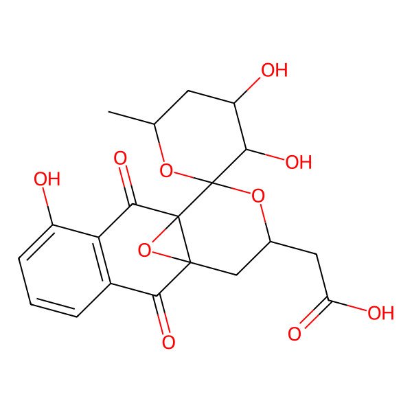 2D Structure of 2-(3',4',7-Trihydroxy-6'-methyl-2,9-dioxospiro[12,15-dioxatetracyclo[8.4.1.01,10.03,8]pentadeca-3(8),4,6-triene-11,2'-oxane]-13-yl)acetic acid
