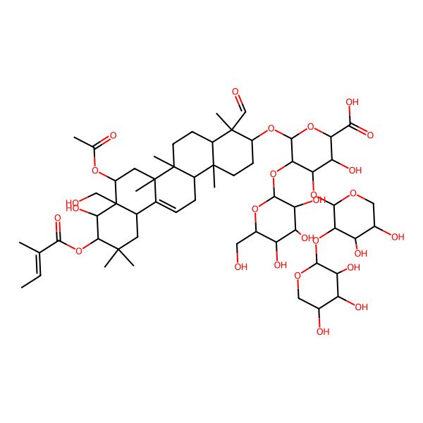2D Structure of (2S,3S,4S,5R,6R)-6-[[(3S,4S,4aR,6aR,6bS,8R,8aS,9R,10R,12aS,14aR,14bR)-8-acetyloxy-4-formyl-9-hydroxy-8a-(hydroxymethyl)-4,6a,6b,11,11,14b-hexamethyl-10-[(E)-2-methylbut-2-enoyl]oxy-1,2,3,4a,5,6,7,8,9,10,12,12a,14,14a-tetradecahydropicen-3-yl]oxy]-4-[(2S,3R,4S,5S)-4,5-dihydroxy-3-[(2S,3R,4S,5R)-3,4,5-trihydroxyoxan-2-yl]oxyoxan-2-yl]oxy-3-hydroxy-5-[(2S,3R,4S,5R,6R)-3,4,5-trihydroxy-6-(hydroxymethyl)oxan-2-yl]oxyoxane-2-carboxylic acid