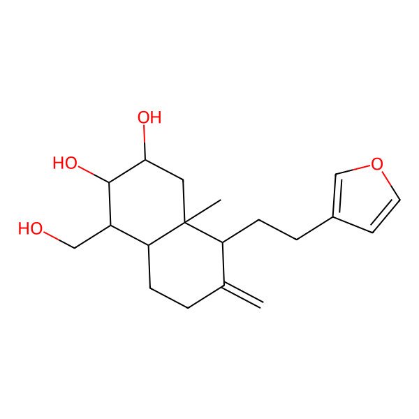 2D Structure of 8-[2-(Furan-3-yl)ethyl]-4-(hydroxymethyl)-8a-methyl-7-methylidene-1,2,3,4,4a,5,6,8-octahydronaphthalene-2,3-diol